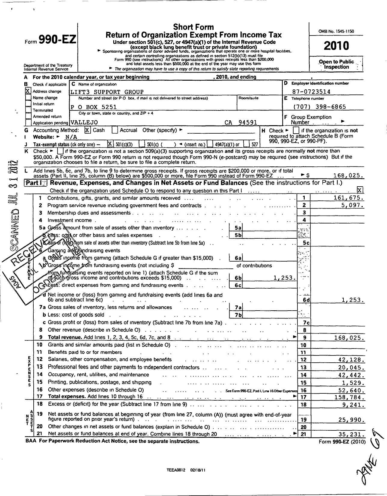 Image of first page of 2010 Form 990EZ for Lift3 Support Group