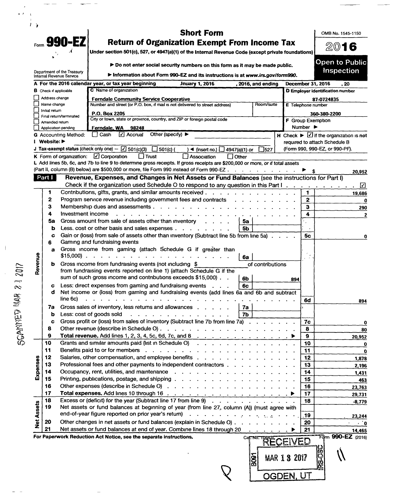 Image of first page of 2016 Form 990EZ for Ferndale Community Services