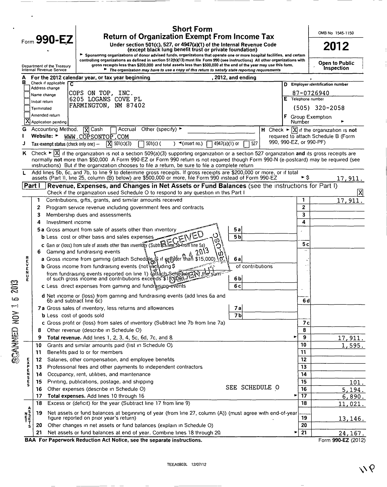 Image of first page of 2012 Form 990EZ for Cops on Top