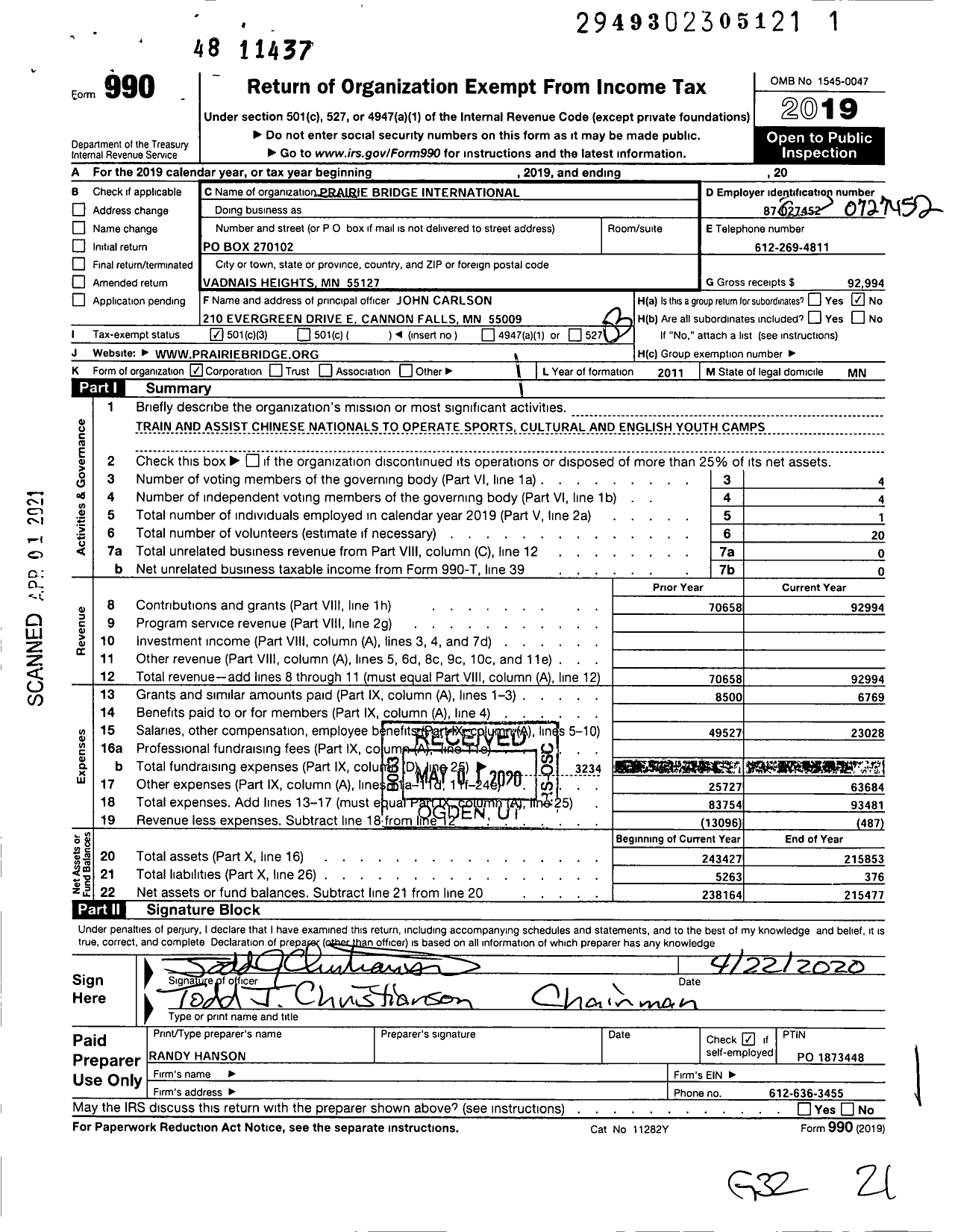 Image of first page of 2019 Form 990 for Prairie Bridge International