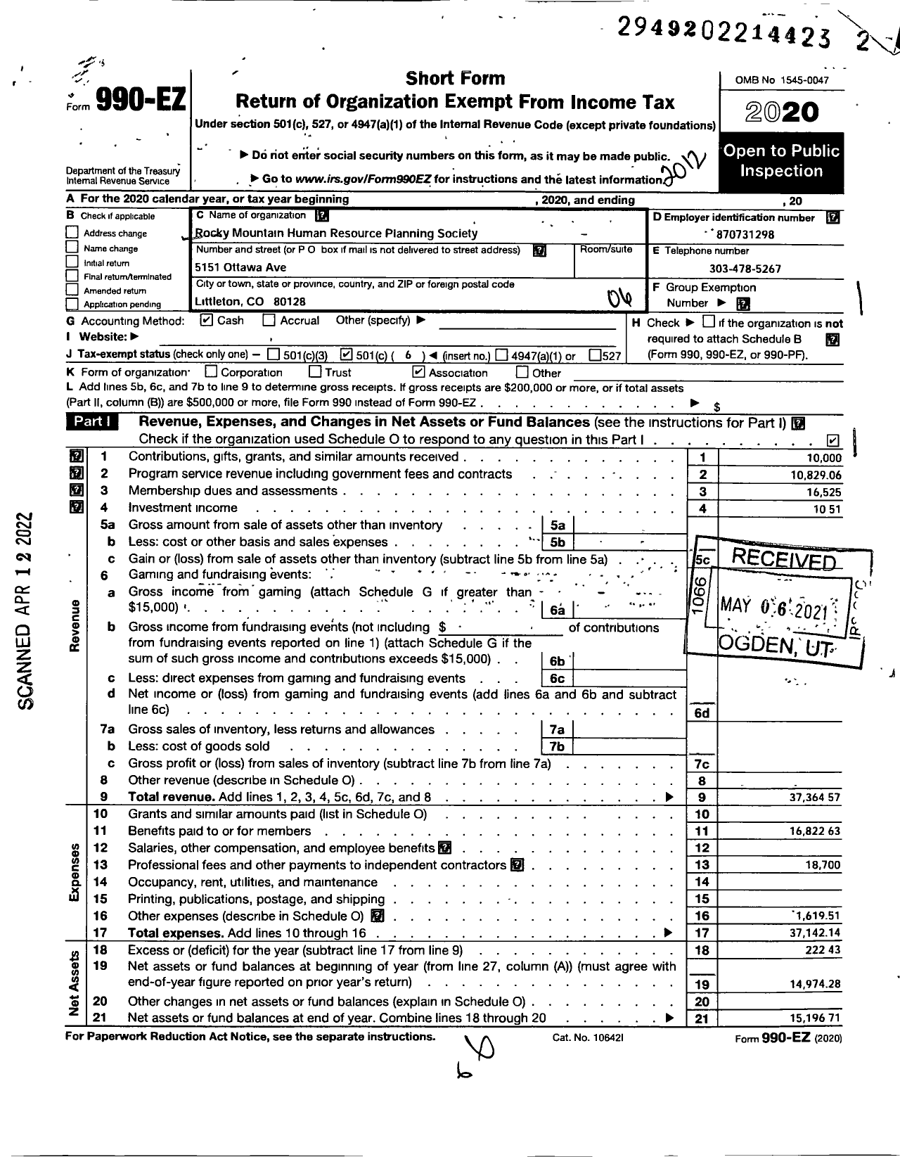 Image of first page of 2020 Form 990EO for Rocky Mountain Human Resources Planning Society