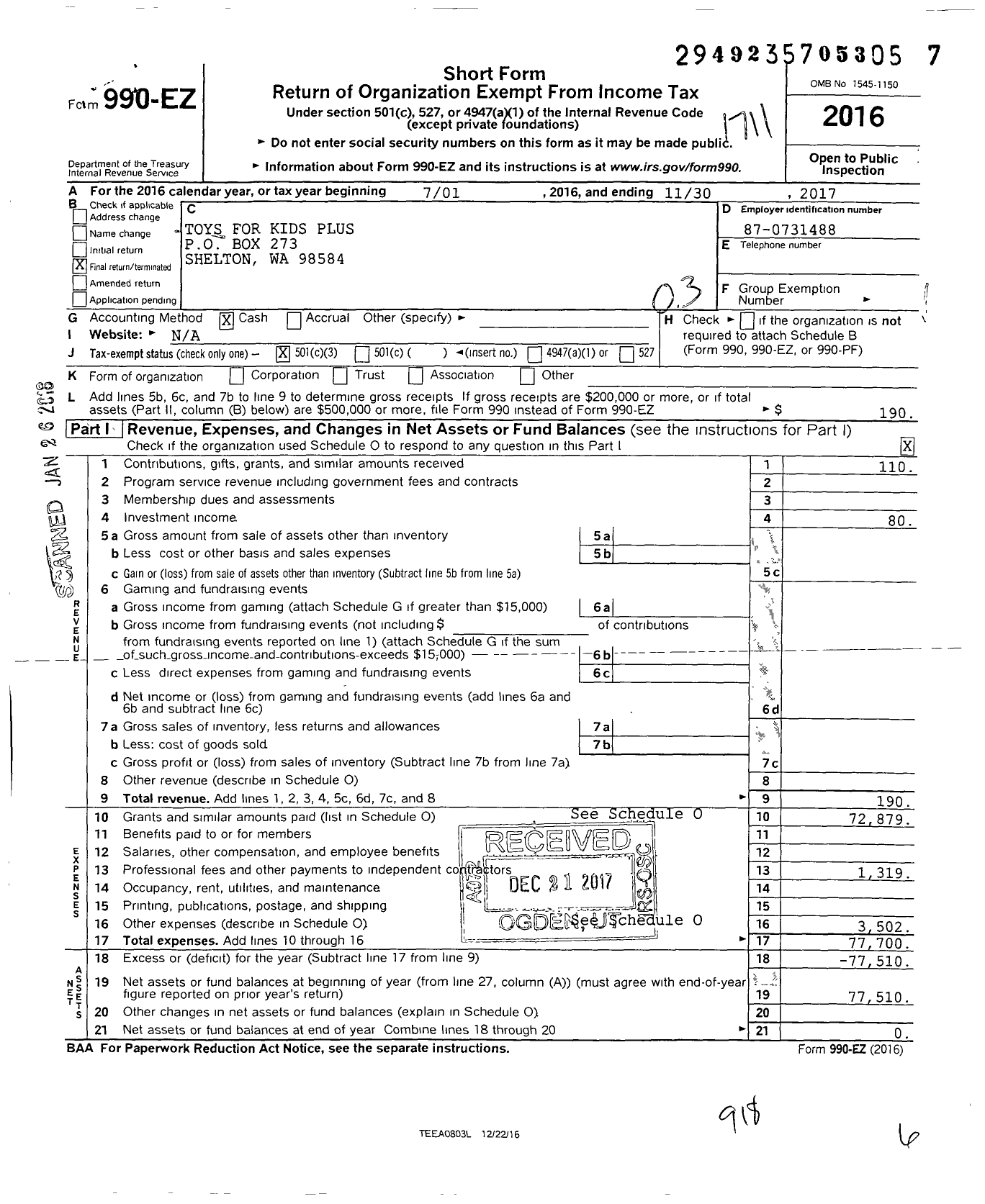 Image of first page of 2016 Form 990EZ for Toys for Kids Plus