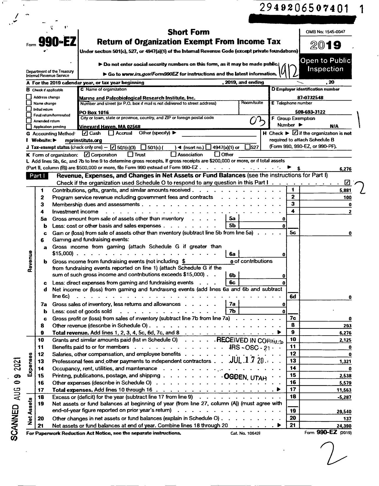 Image of first page of 2019 Form 990EZ for Marine and Paleobiological Research Institute