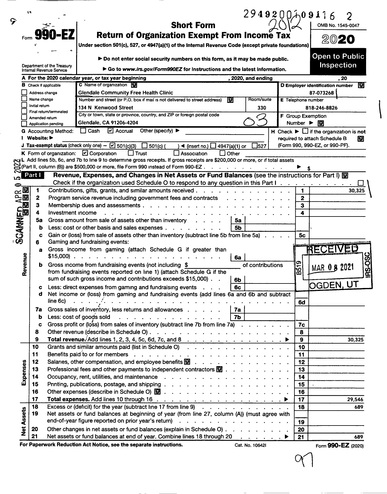 Image of first page of 2020 Form 990EZ for Glendale Community Free Health Clinic