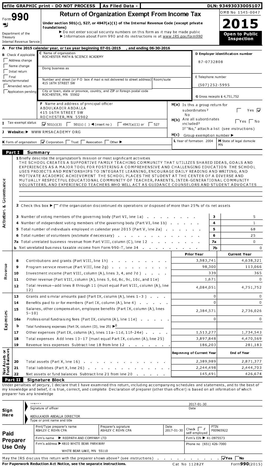 Image of first page of 2015 Form 990 for Rochester Math and Science Academy