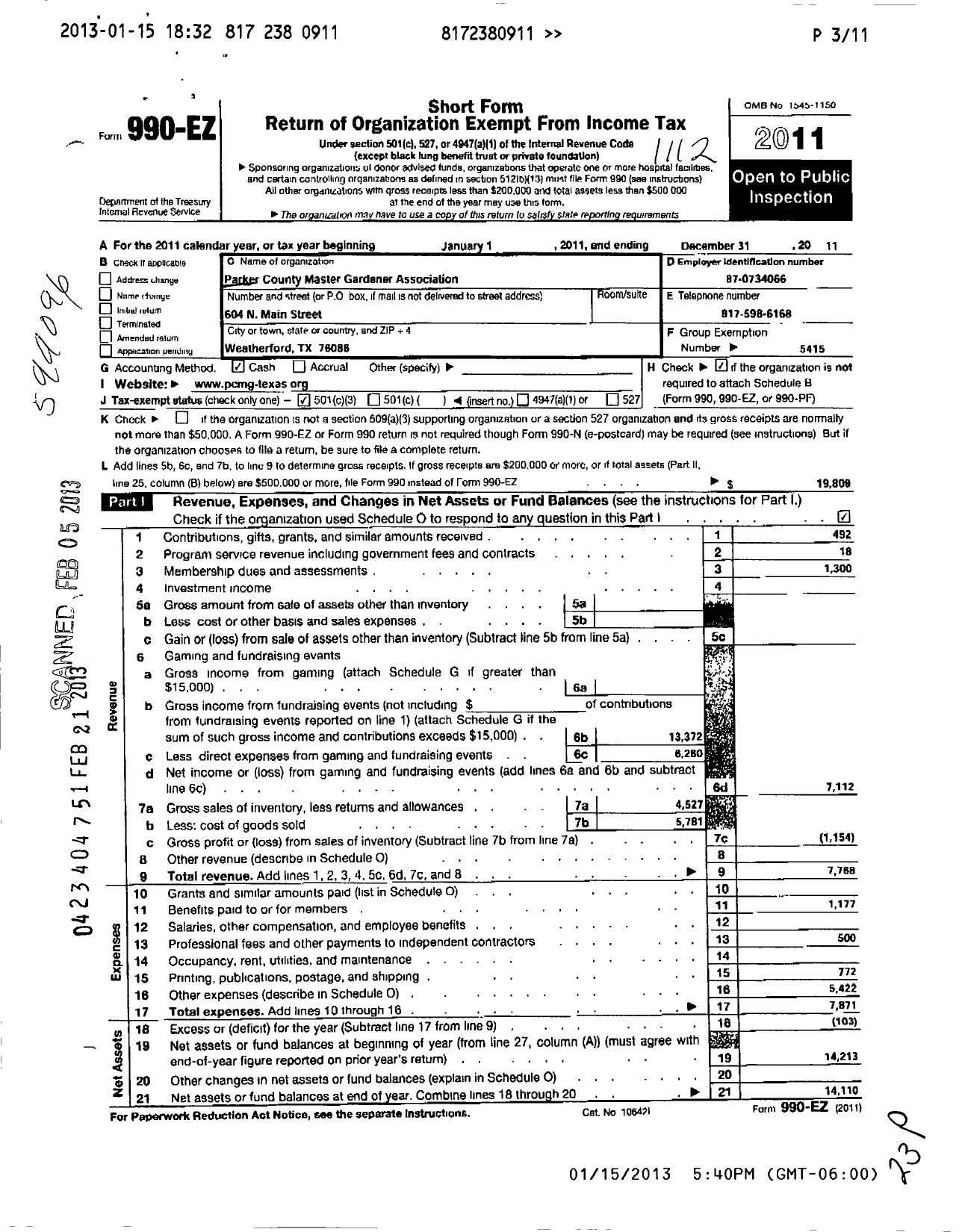 Image of first page of 2011 Form 990EZ for Texas Master Gardener Association / Parker County Master Gardener Assn