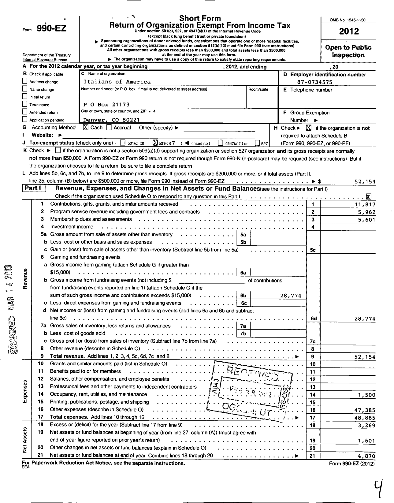 Image of first page of 2012 Form 990EO for Italians of America