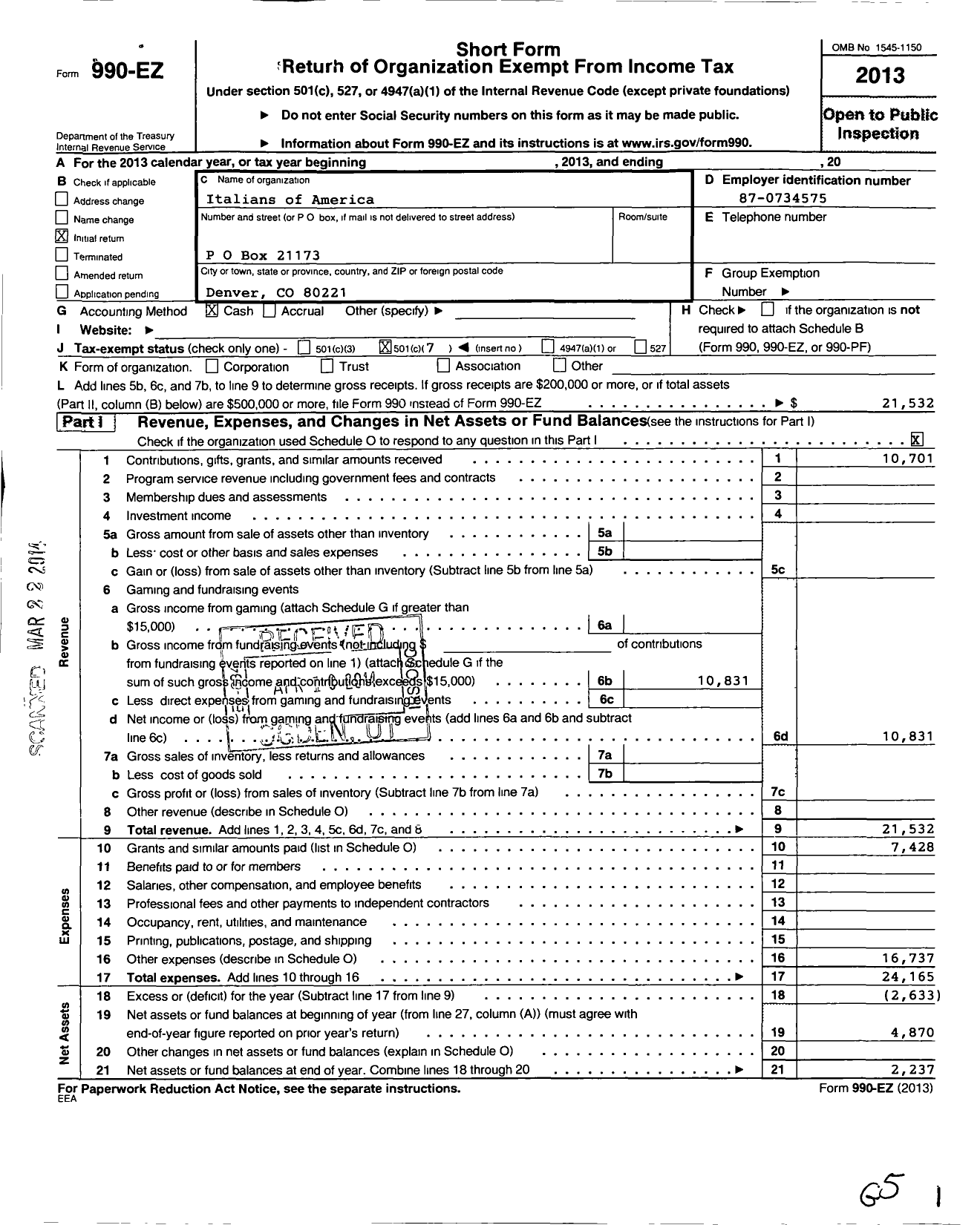 Image of first page of 2013 Form 990EO for Italians of America