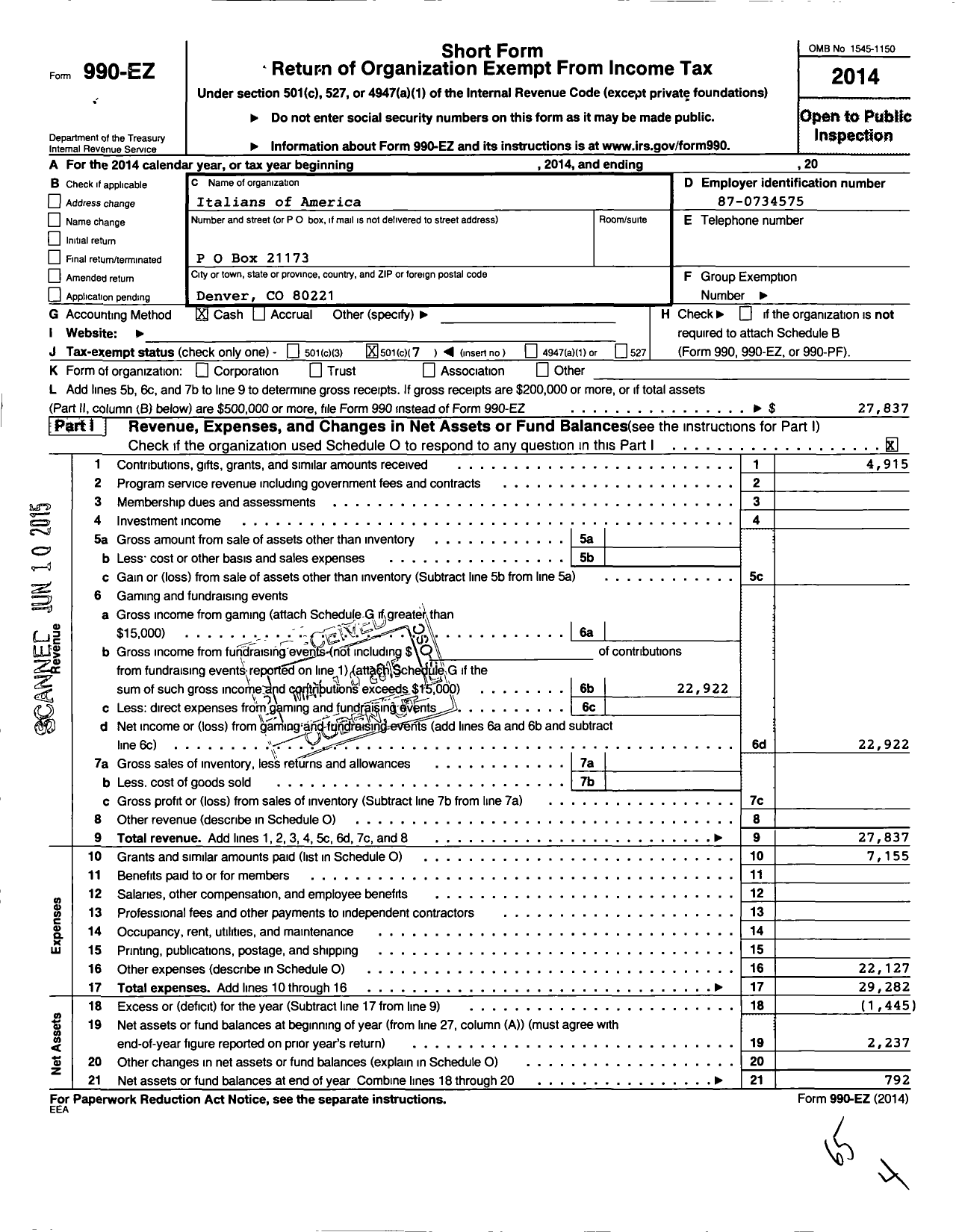 Image of first page of 2014 Form 990EO for Italians of America