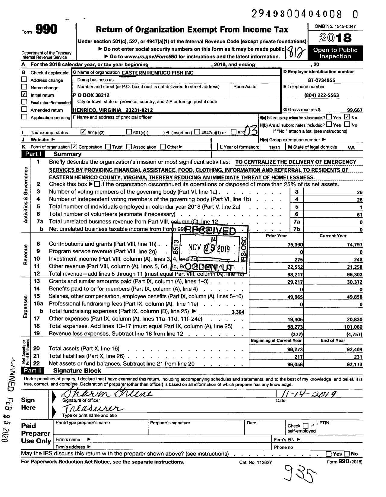 Image of first page of 2018 Form 990 for Eastern Henrico Fish