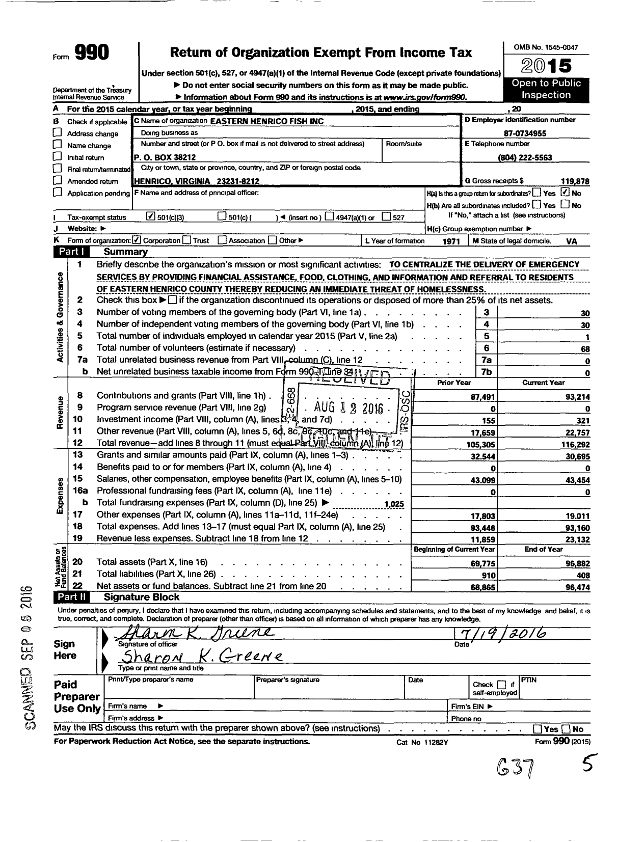 Image of first page of 2015 Form 990 for Eastern Henrico Fish
