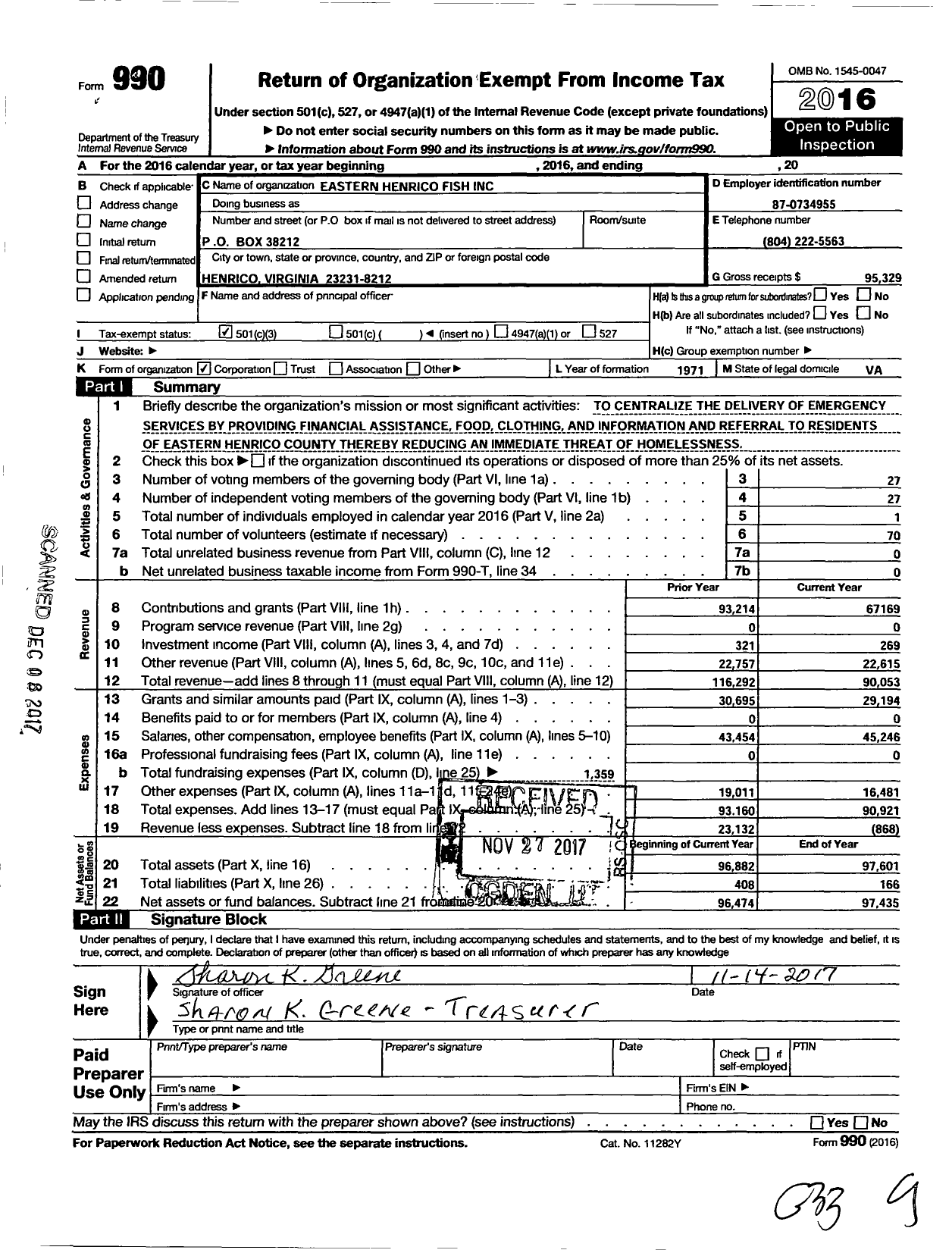 Image of first page of 2016 Form 990 for Eastern Henrico Fish