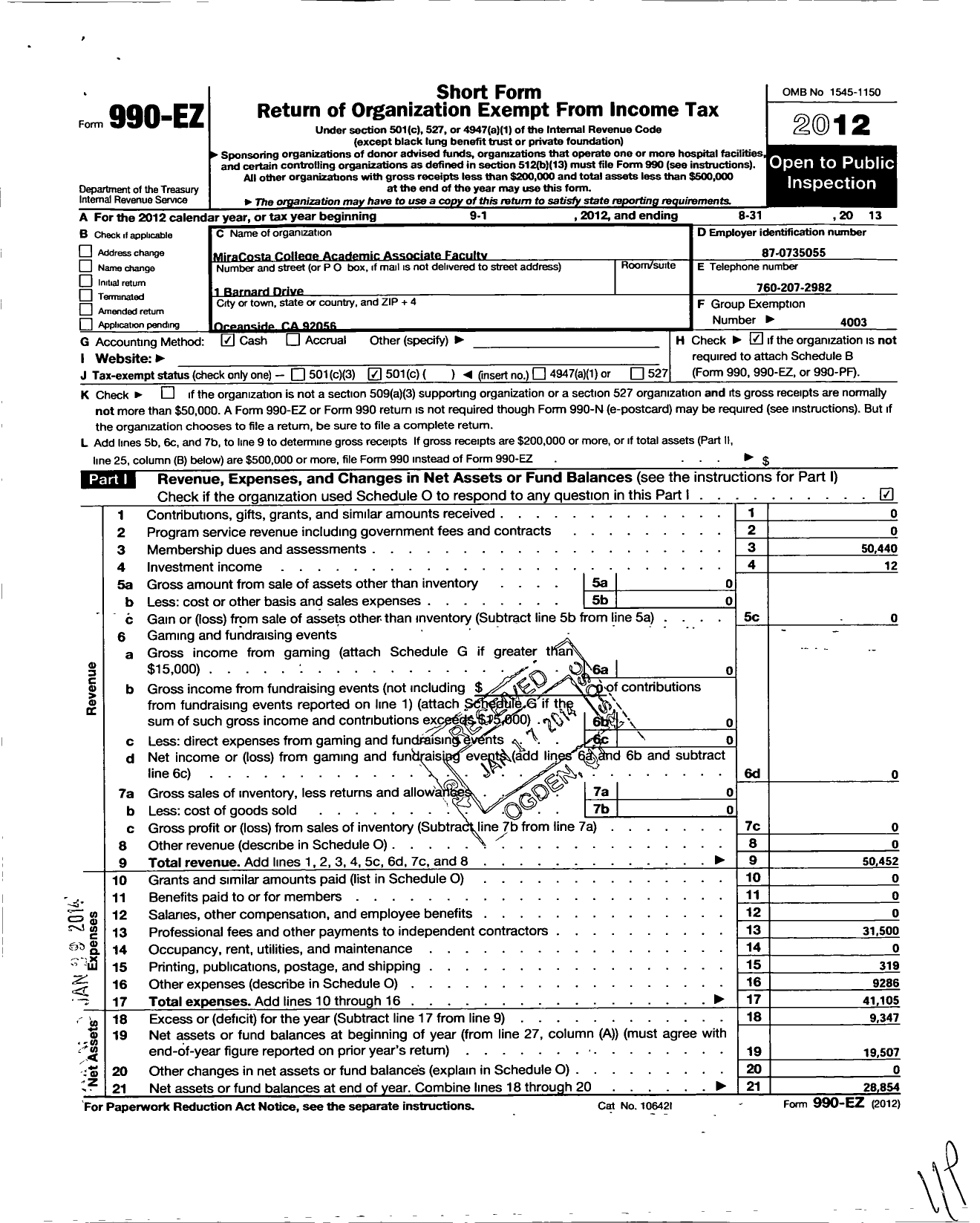 Image of first page of 2012 Form 990EO for California Teachers Association - Miracosta Coll Acad Assoc Fac