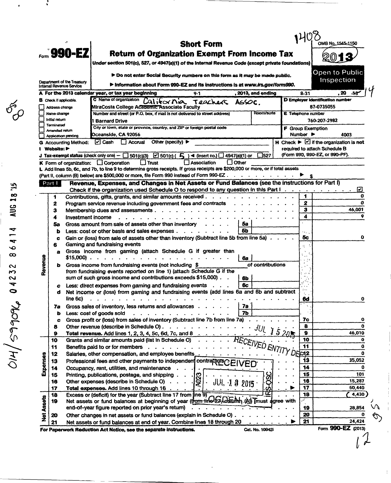 Image of first page of 2013 Form 990EO for California Teachers Association - Miracosta Coll Acad Assoc Fac