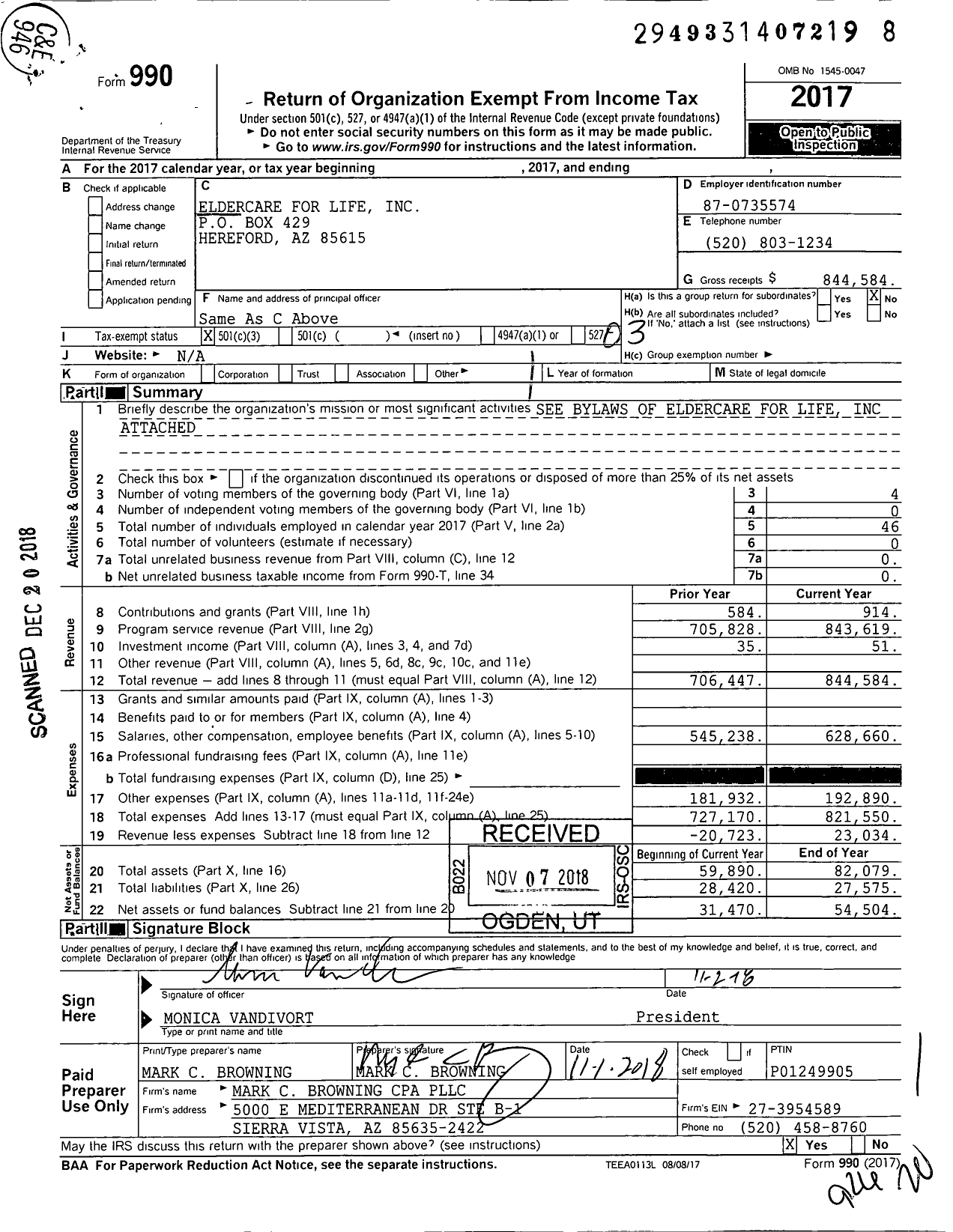 Image of first page of 2017 Form 990 for Eldercare for Life