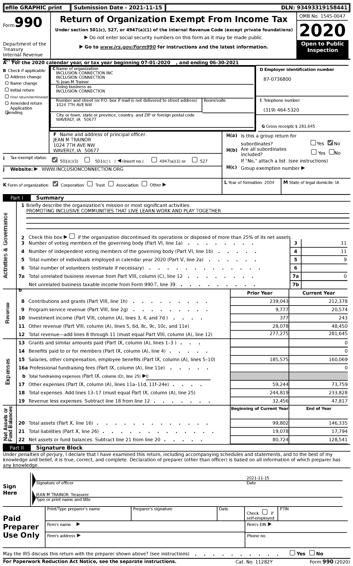 Image of first page of 2020 Form 990 for Inclusion Connection