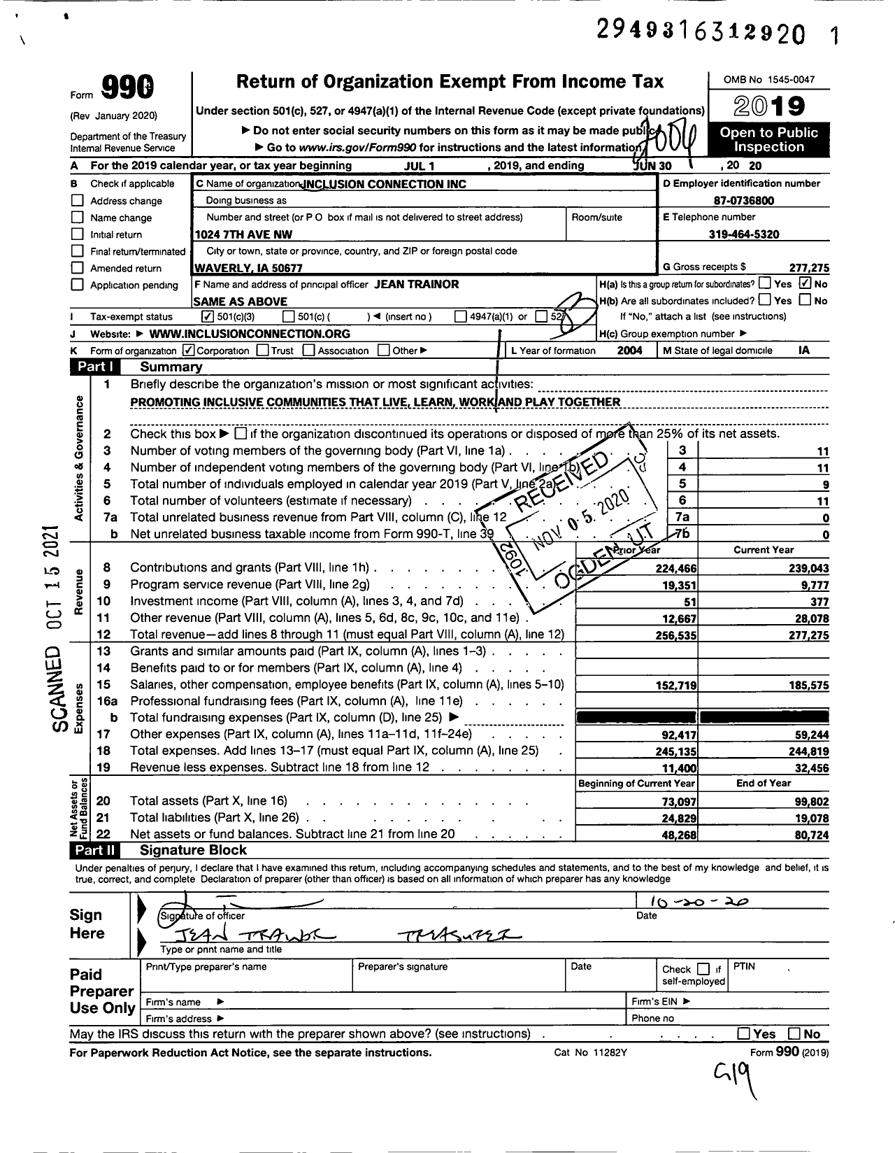 Image of first page of 2019 Form 990 for Inclusion Connection