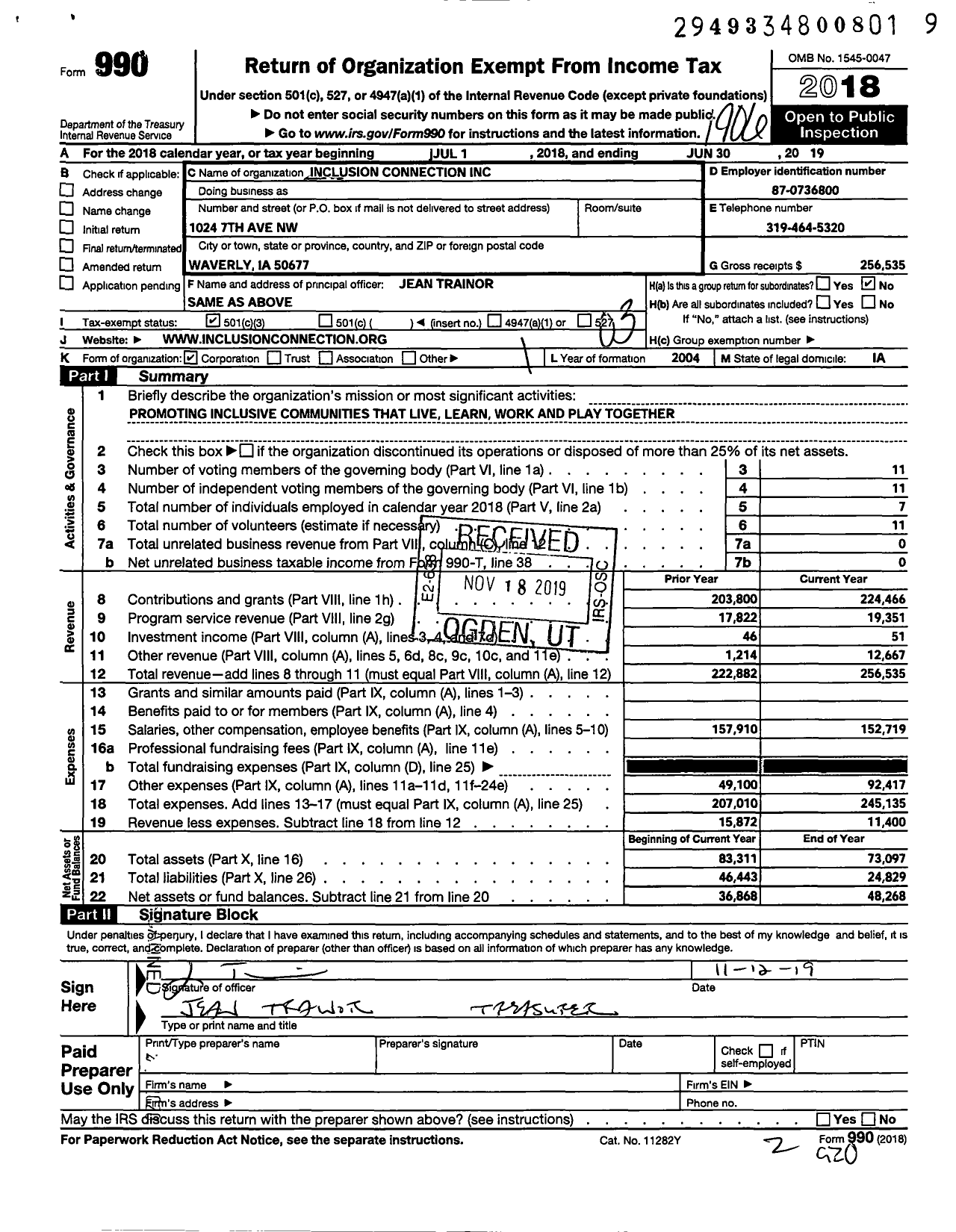 Image of first page of 2018 Form 990 for Inclusion Connection
