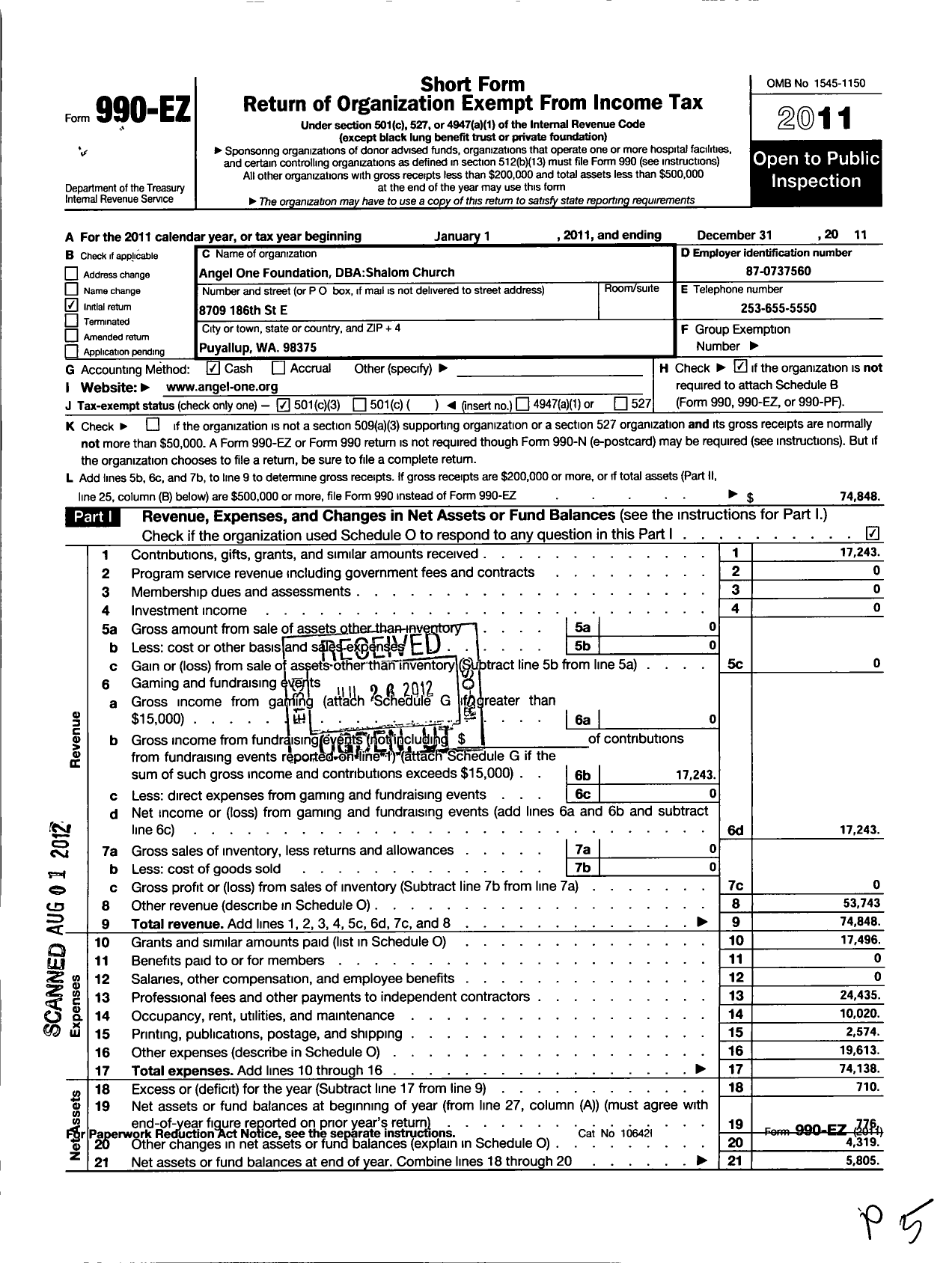 Image of first page of 2011 Form 990EZ for Angel One Foundation