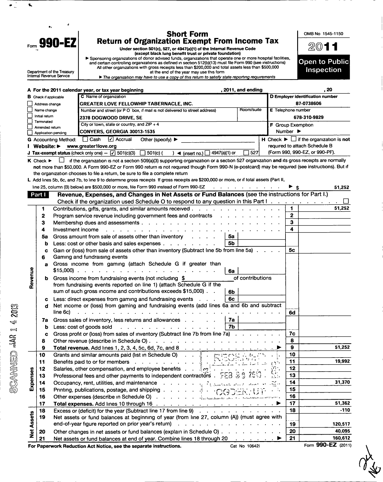 Image of first page of 2011 Form 990EZ for Greater Love Fellowship Tabernacle