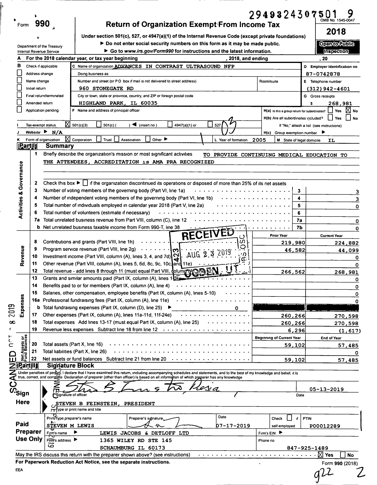 Image of first page of 2018 Form 990 for Advances in Contrast Ultrasound