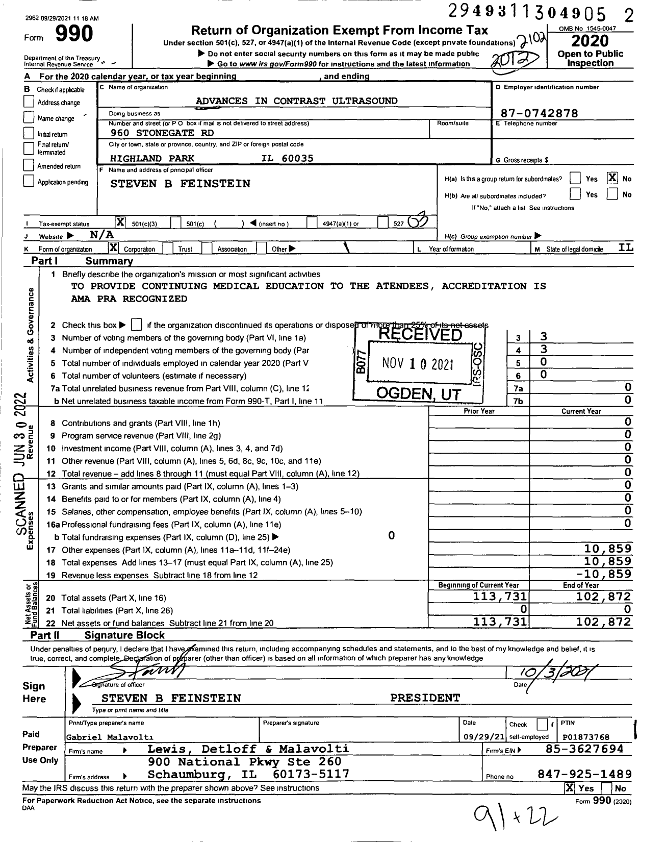 Image of first page of 2020 Form 990 for Advances in Contrast Ultrasound