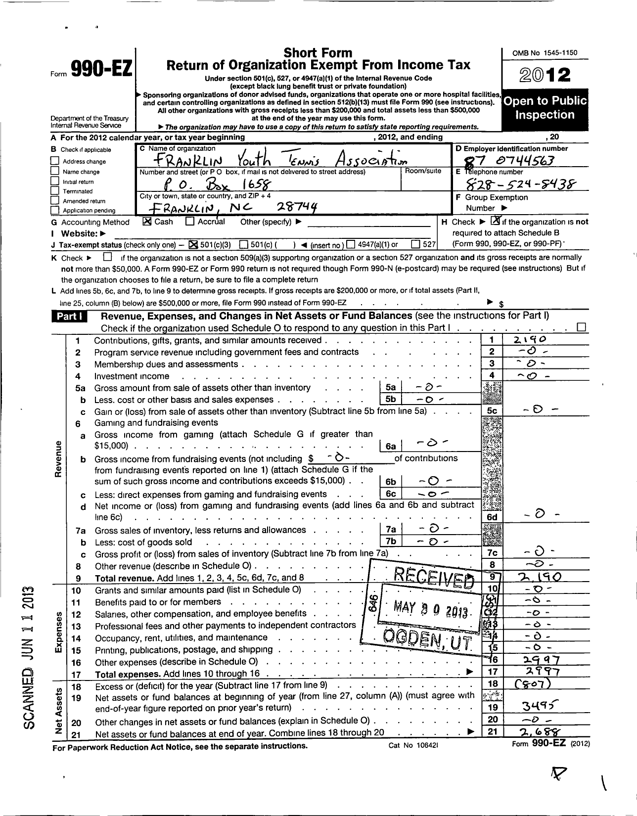 Image of first page of 2012 Form 990EZ for Franklin Youth Tennis Association