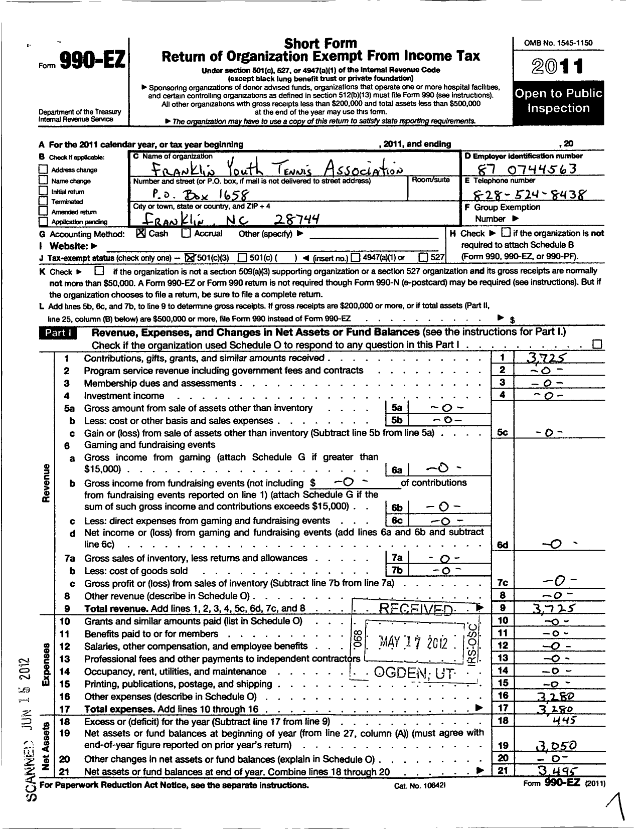 Image of first page of 2011 Form 990EZ for Franklin Youth Tennis Association