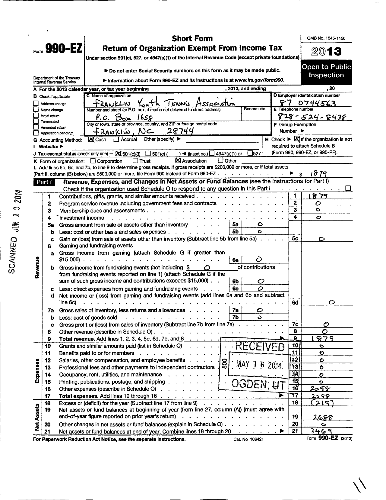 Image of first page of 2013 Form 990EZ for Franklin Youth Tennis Association