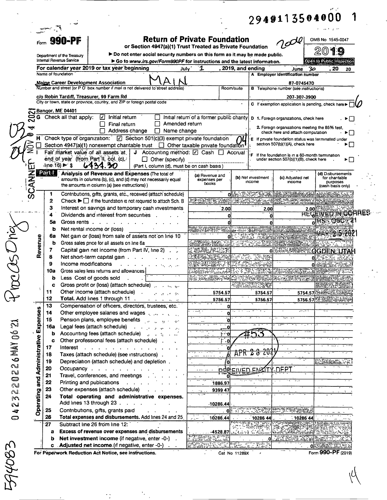 Image of first page of 2019 Form 990PF for Maine Career Development Association (MCDA)