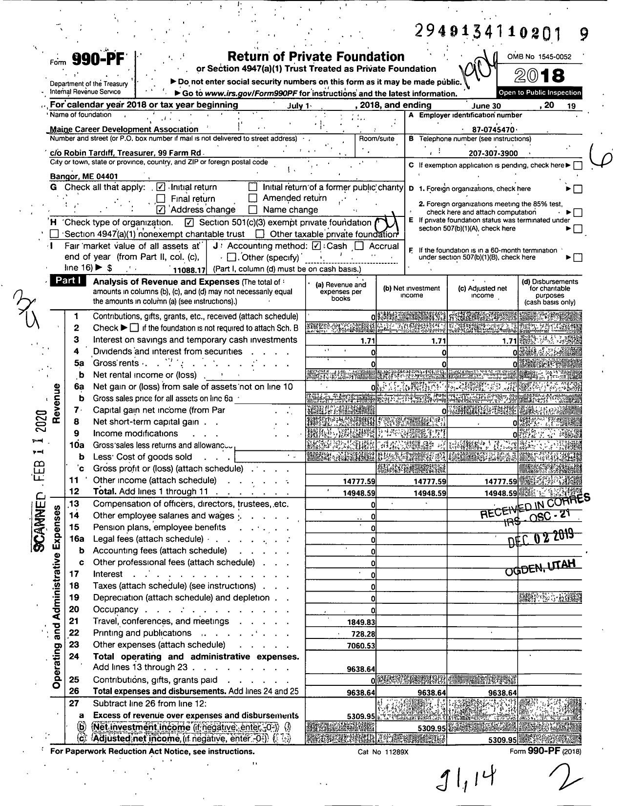 Image of first page of 2018 Form 990PF for Maine Career Development Association (MCDA)