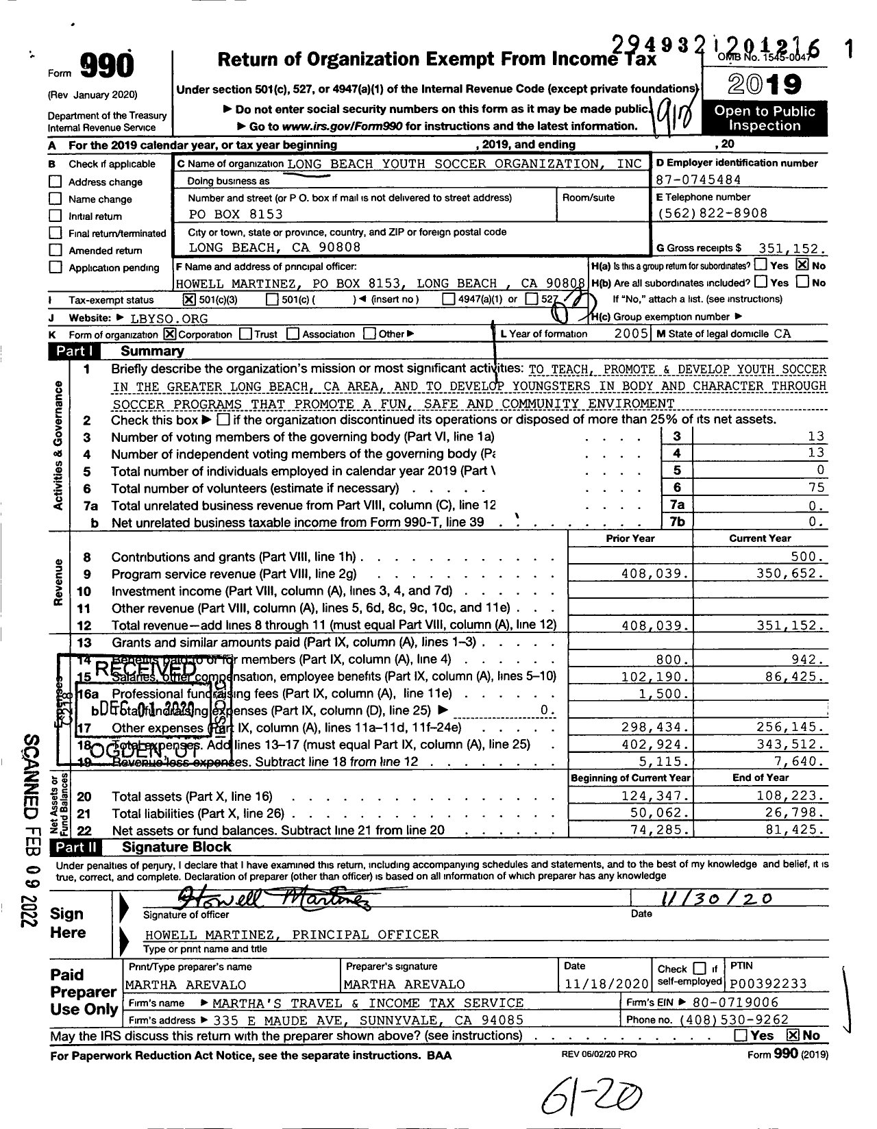 Image of first page of 2019 Form 990 for Long Beach Youth Soccer Organization