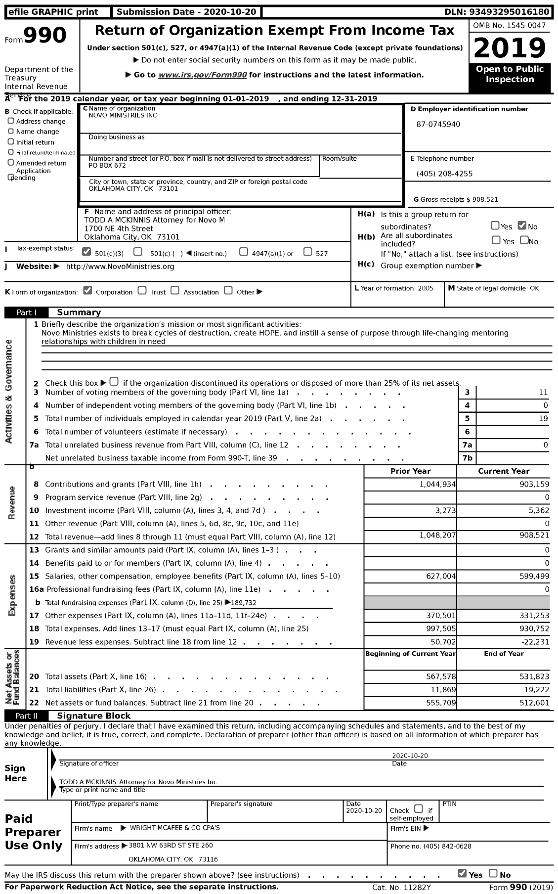 Image of first page of 2019 Form 990 for Novo Ministries