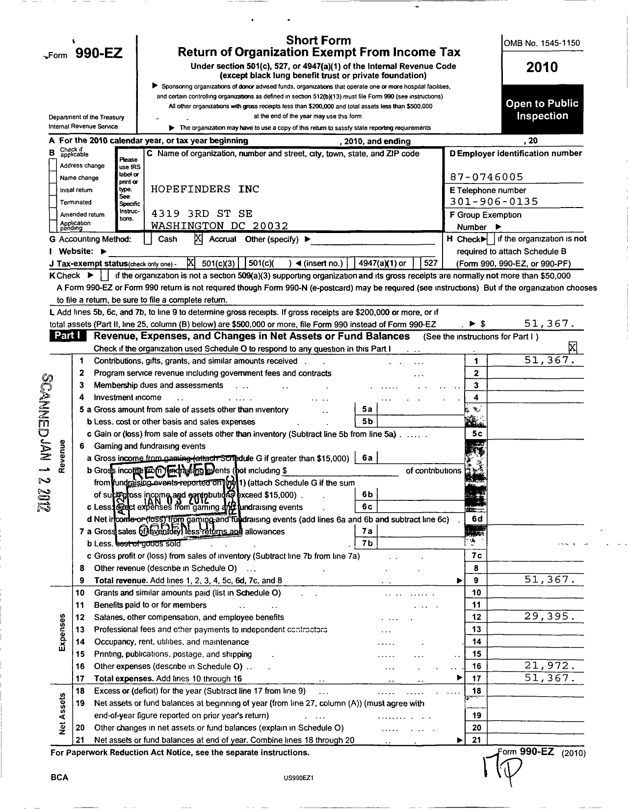 Image of first page of 2010 Form 990EZ for Hopefinders