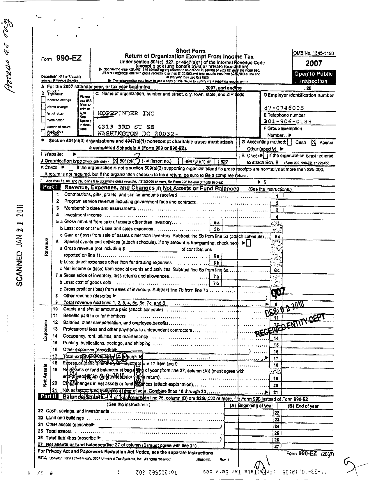 Image of first page of 2007 Form 990EZ for Hopefinders