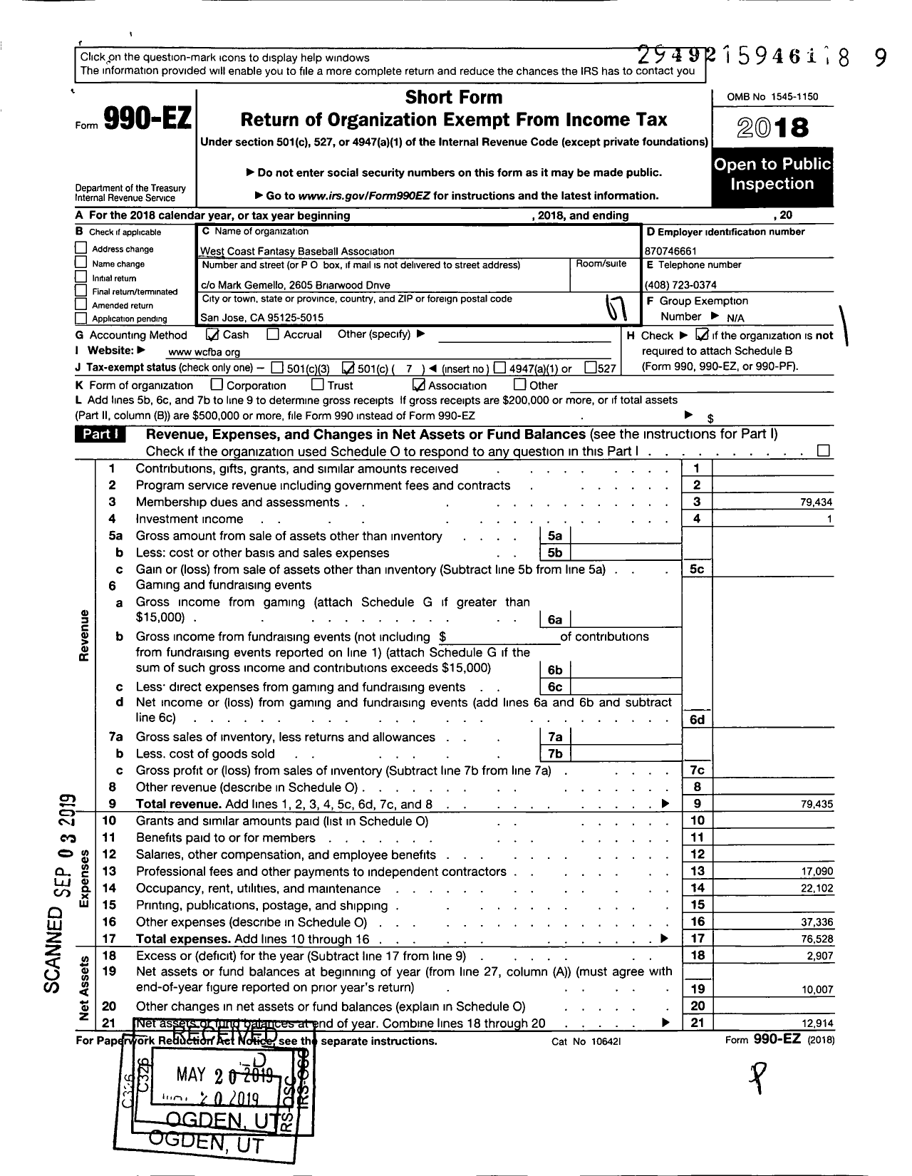 Image of first page of 2018 Form 990EO for West Coast Fantasy Baseball Association