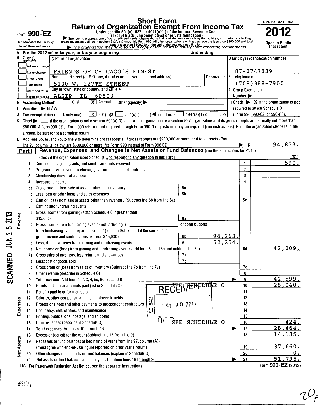 Image of first page of 2012 Form 990EZ for Friends of Chicagos Finest