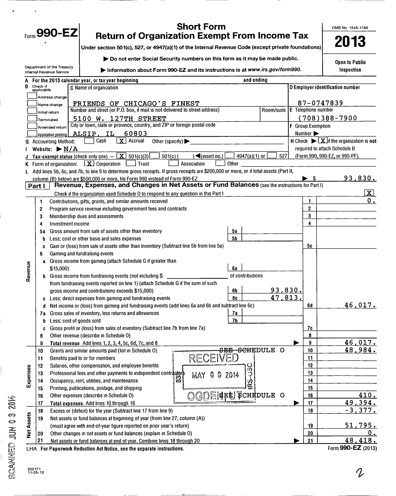 Image of first page of 2013 Form 990EZ for Friends of Chicagos Finest