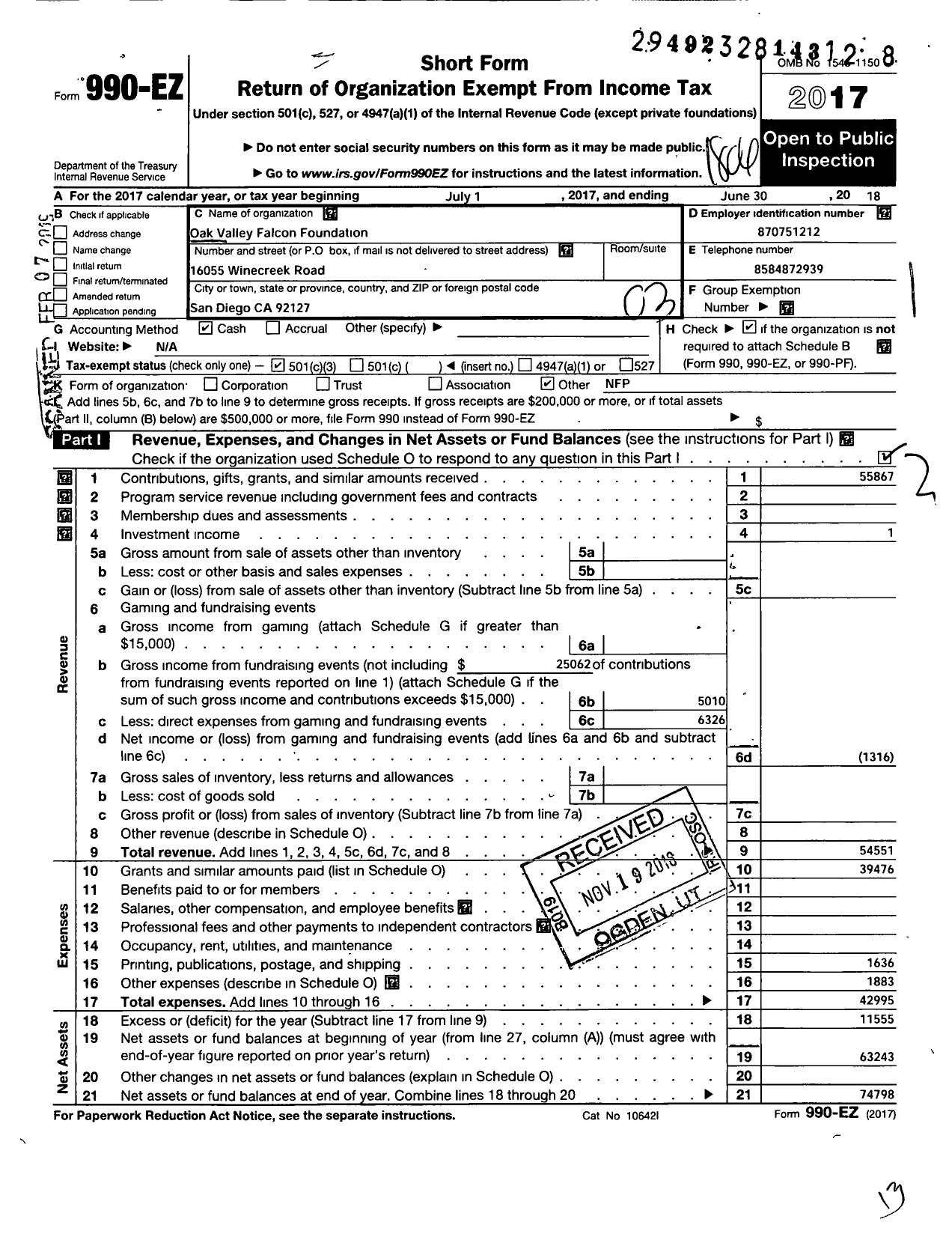 Image of first page of 2017 Form 990EZ for Oak Valley Falcon Foundation