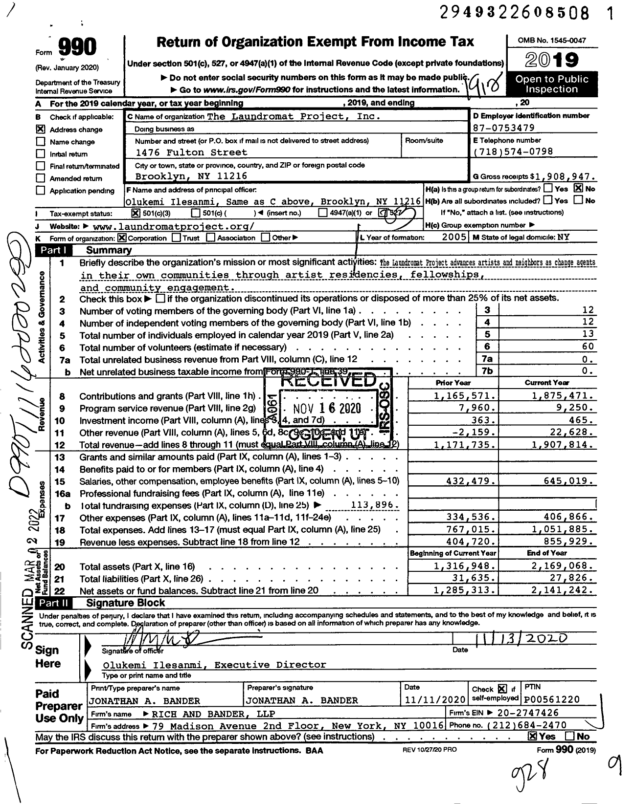 Image of first page of 2019 Form 990 for The Laundromat Project