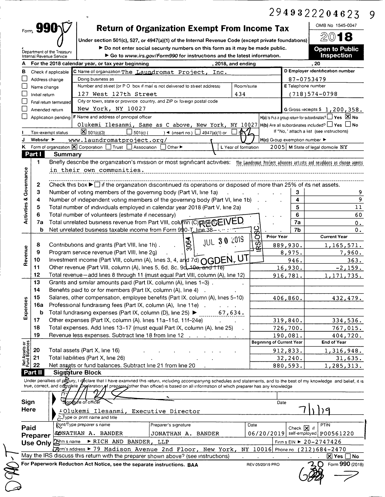 Image of first page of 2018 Form 990 for The Laundromat Project