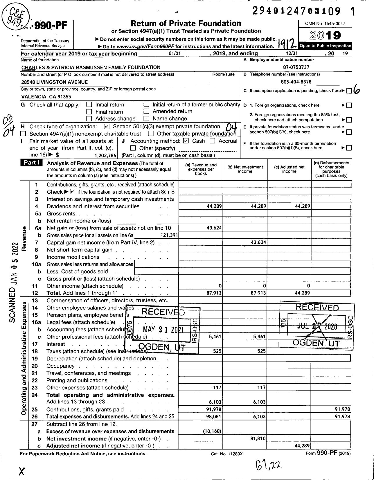 Image of first page of 2019 Form 990PF for Charles and Patricia Rasmussen Family Foundation