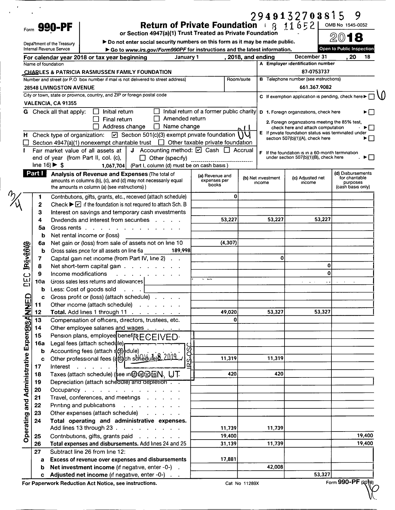 Image of first page of 2018 Form 990PF for Charles and Patricia Rasmussen Family Foundation