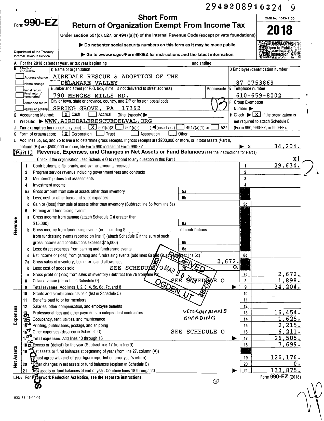 Image of first page of 2018 Form 990EZ for Airedale Rescue and Adoption of the Delaware Valley