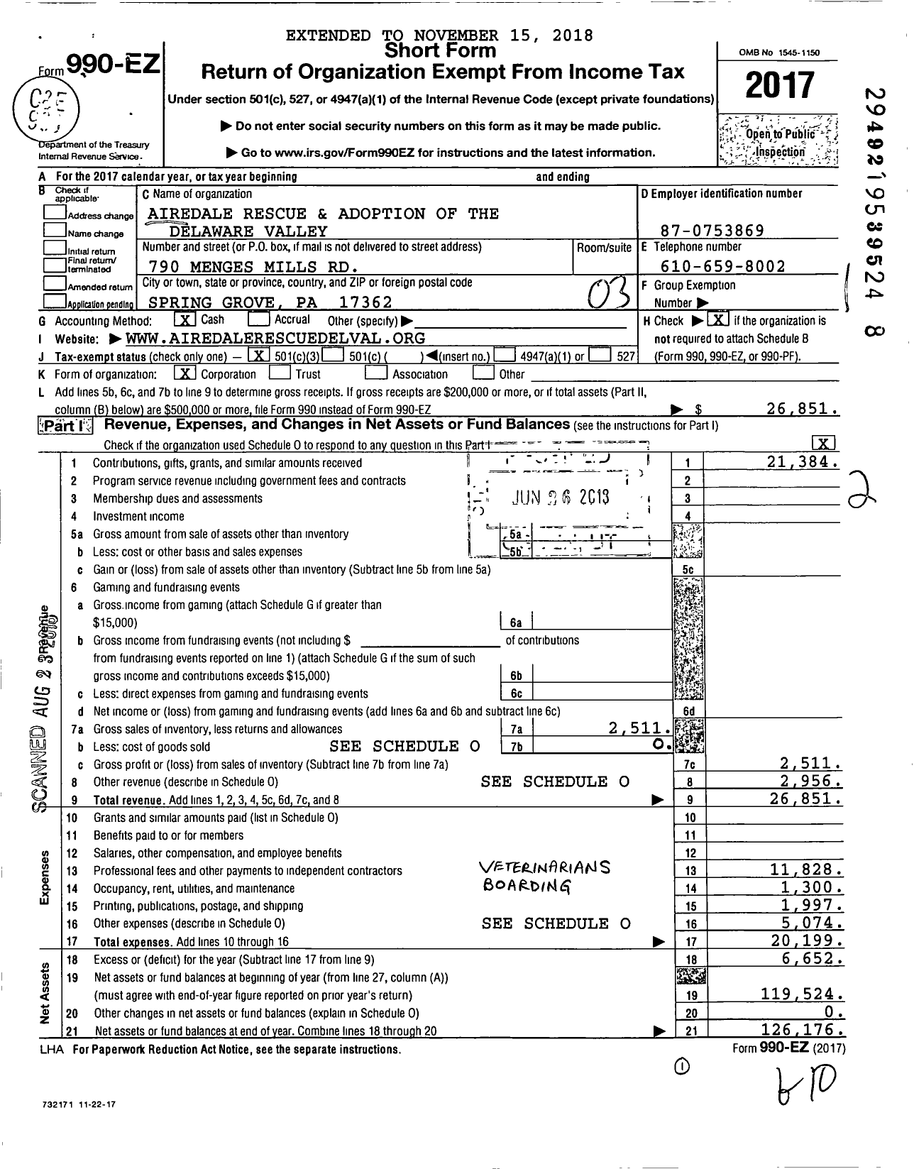 Image of first page of 2017 Form 990EZ for Airedale Rescue and Adoption of the Delaware Valley