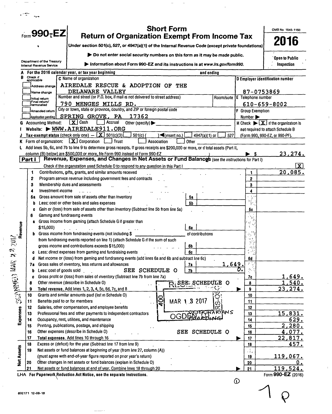 Image of first page of 2016 Form 990EZ for Airedale Rescue and Adoption of the Delaware Valley