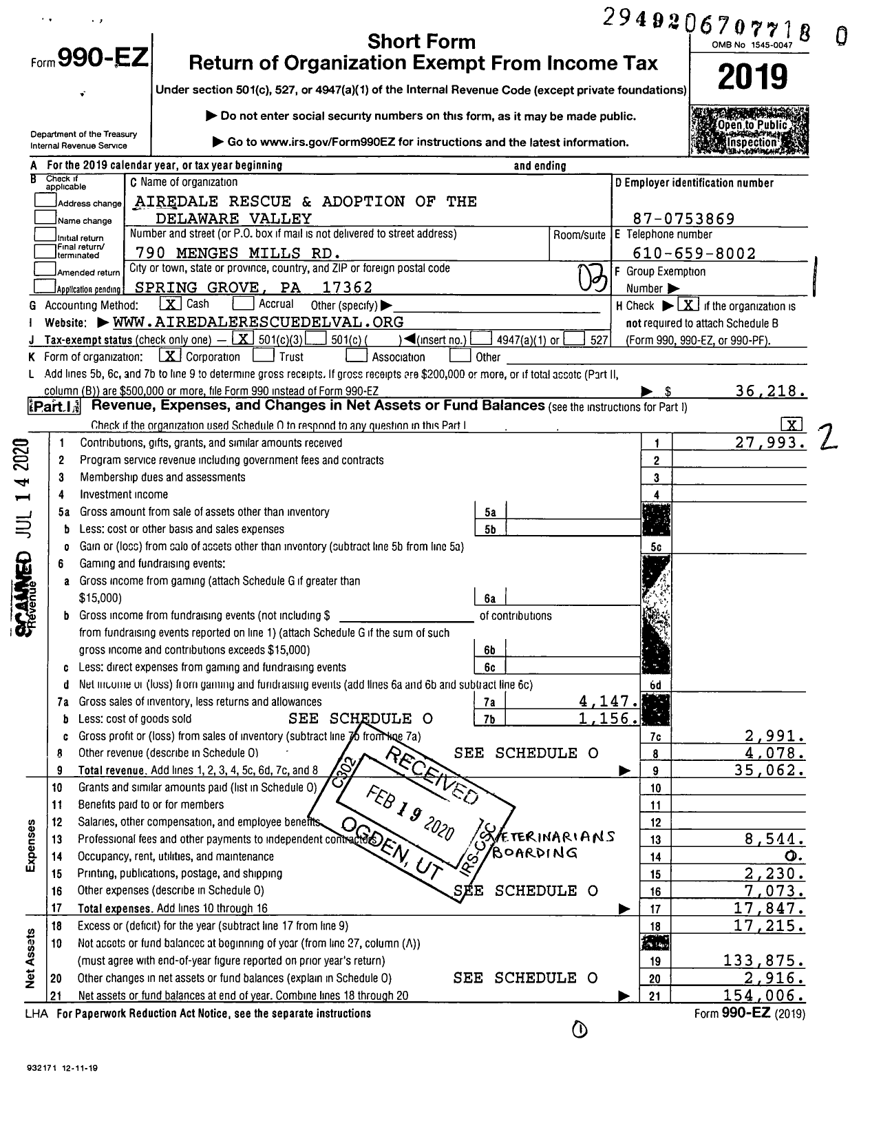 Image of first page of 2019 Form 990EZ for Airedale Rescue and Adoption of the Delaware Valley