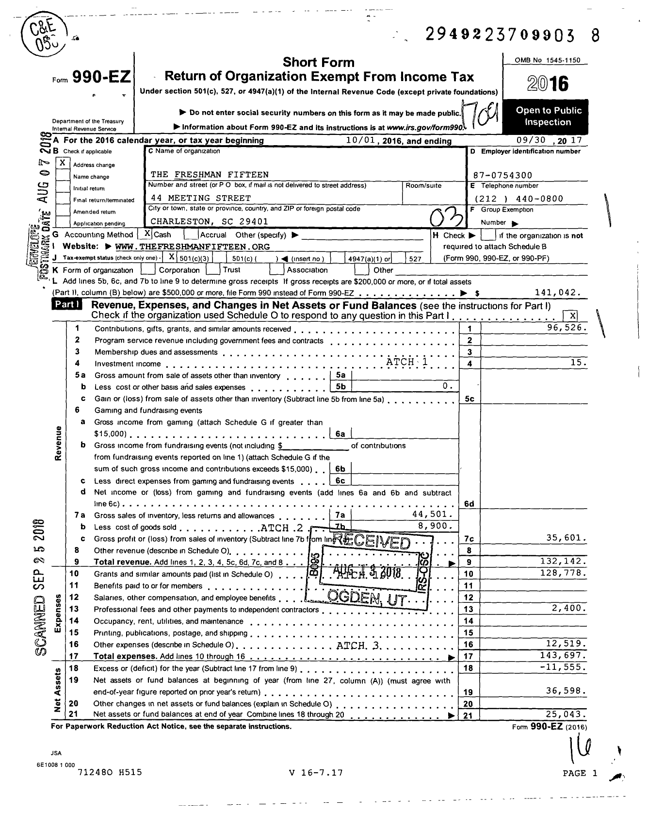 Image of first page of 2016 Form 990EZ for The Freshman Fifteen