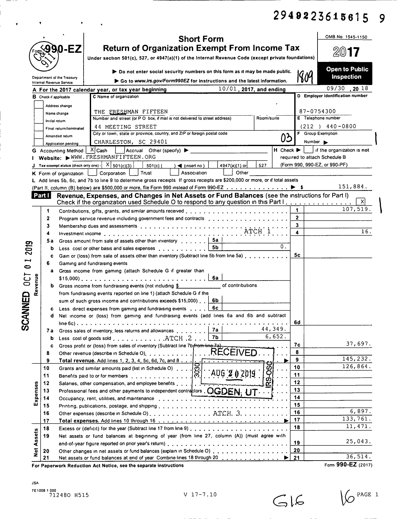 Image of first page of 2017 Form 990EZ for The Freshman Fifteen