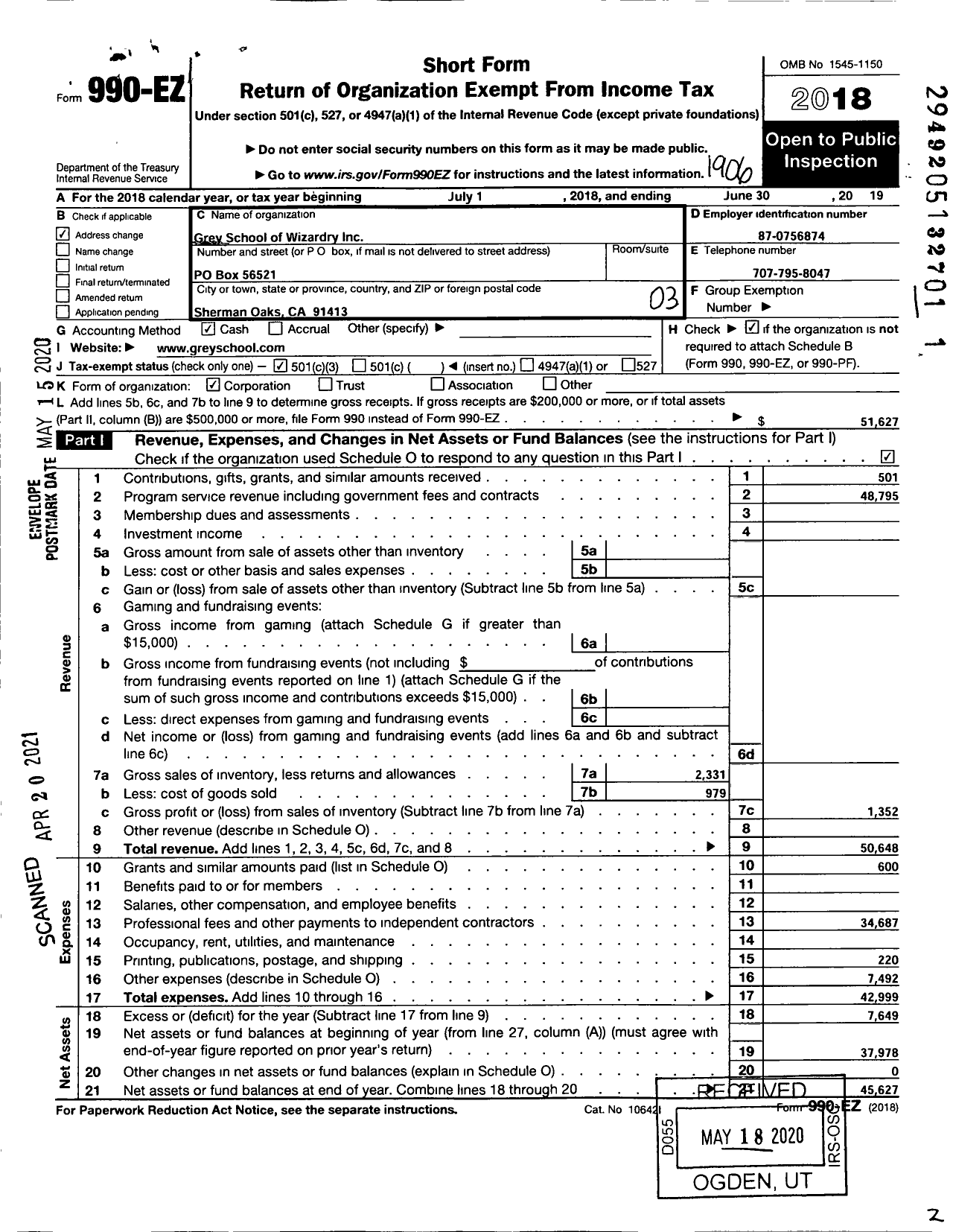 Image of first page of 2018 Form 990EZ for Grey School of Wizardry